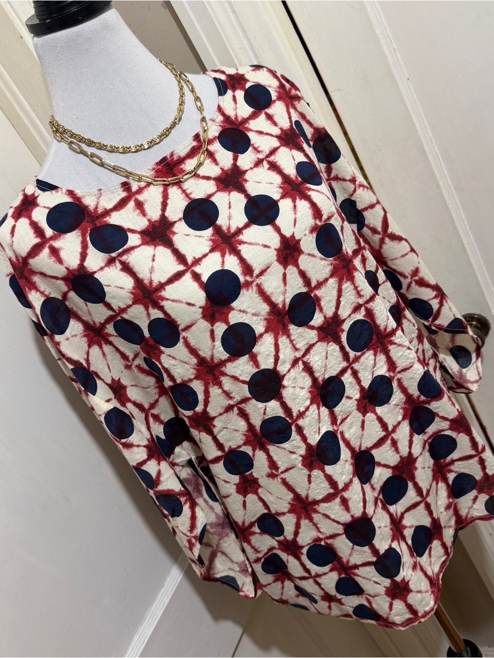 Suzanne Betro Cream Tunic with Burgundy Lattice and Navy Dots